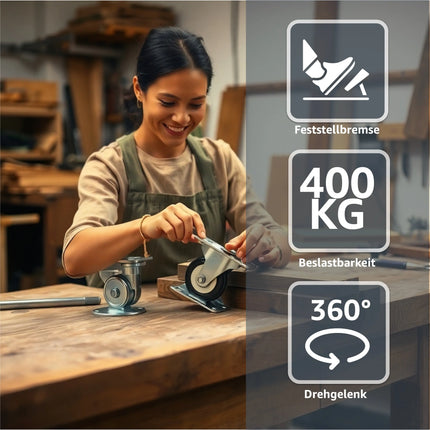 4er Transportrollen mit Bremse - Schwerlastrollen 75 mm - Lenkrollen bis zu 400 kg belastbar - TK Gruppe® Offizieller Onlineshop