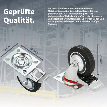 4er Transportrollen mit Bremse - Schwerlastrollen 75 mm - Lenkrollen bis zu 400 kg belastbar - TK Gruppe® Offizieller Onlineshop