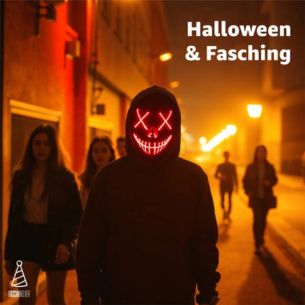 FASCHINFEVER LED Purge Maske rot - Kostümmaske steuerbar für Halloween, Fasching & Karneval als Kostüm für Herren & Damen