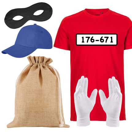 Gangster Panzerknacker Fasching Kostüm Unisexgröße 170 - 190 cm Bandit Tshirt mit Accessoires Einbrecher - Damen -