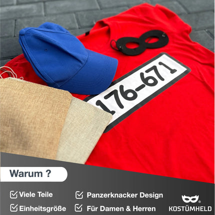 Gangster Panzerknacker Fasching Kostüm Unisexgröße 170 - 190 cm Bandit Tshirt mit Accessoires Einbrecher - Damen -