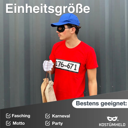 Gangster Panzerknacker Fasching Kostüm Unisexgröße 170 - 190 cm Bandit Tshirt mit Accessoires Einbrecher - Damen -
