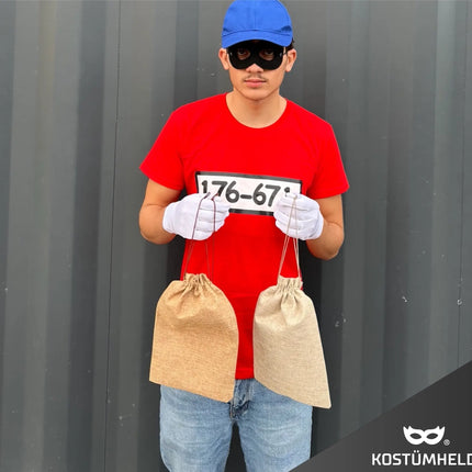 Gangster Panzerknacker Fasching Kostüm Unisexgröße 170 - 190 cm Bandit Tshirt mit Accessoires Einbrecher - Damen -