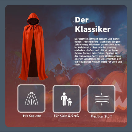 Halloween Vampir Kostüm Umhang - rot & schwarz - Kaputzenumhang für Kinder & Erwachsene - Umhang Halloween Fasching