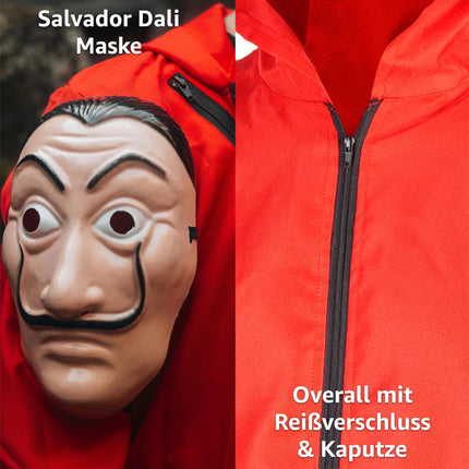 Haus des Geldes Kostüm Set für Erwachsene Unisex - Damen & Herren - mit Dali Salvador Maske, aufblasbares Gewehr, roter Overallanzug