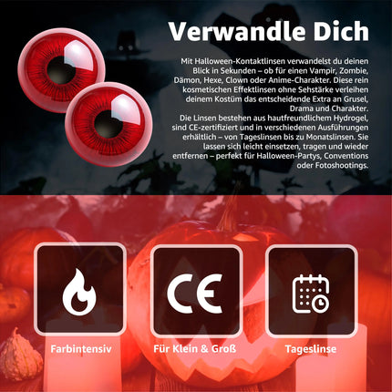 Rot Farbige & Geprüfte Kontaktlinsen - Grußlige Tageslinsen für Halloween & Fasching - ohne Stärke - Vampir & Dracula (Rot)