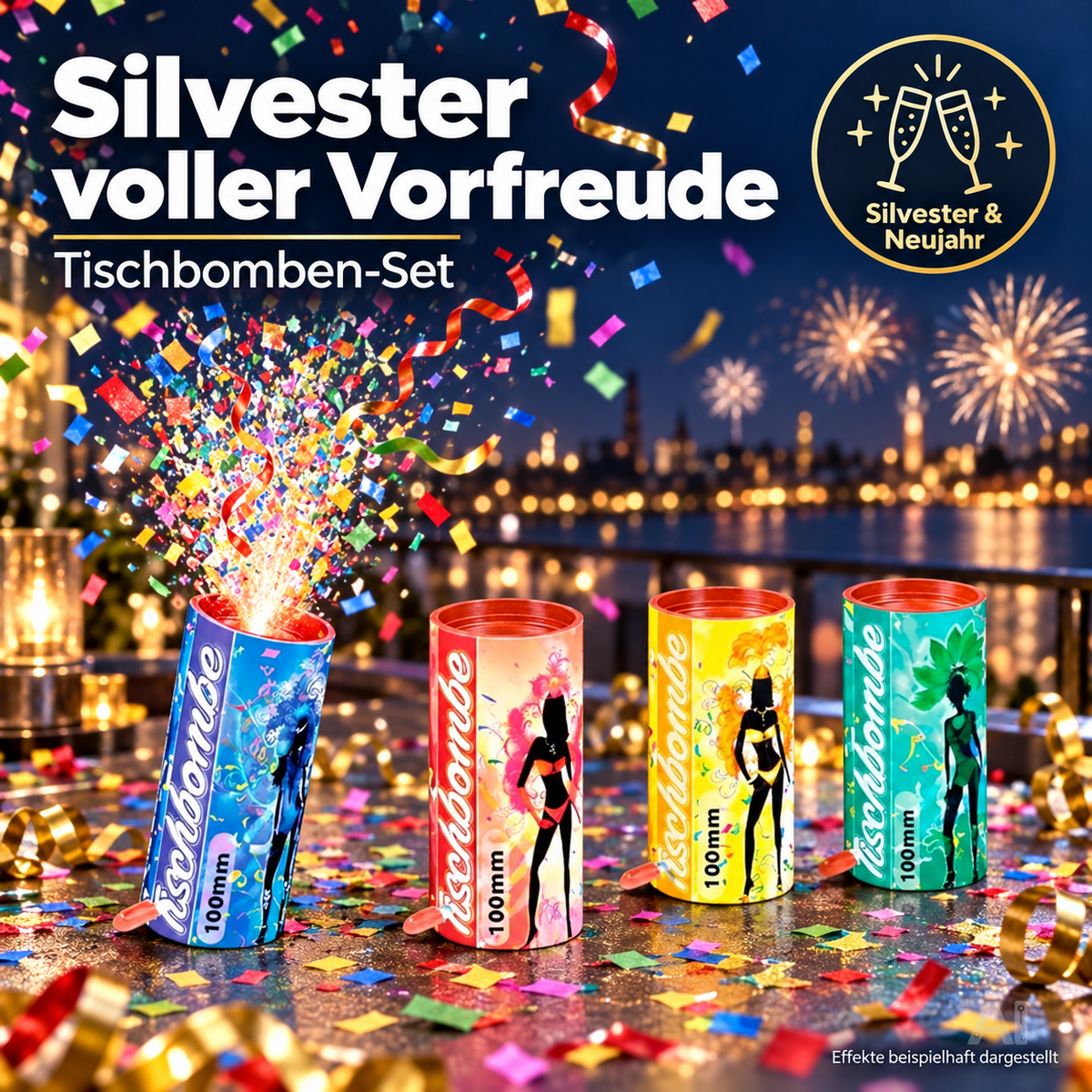 4er Party Tischbomben Partypopper Tischfeuerwerk für Partys & Feuerwerk Silvester