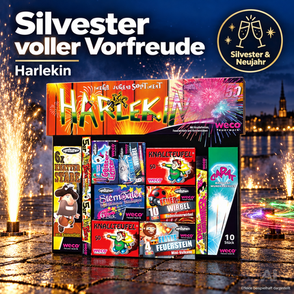 Silvester-Set für unvergessliche Neujahrsfeiern – mit Feuerwerksartikeln, Wunderkerzen und Knallerbsen - Set mit 150 Teilen (Harlekin)