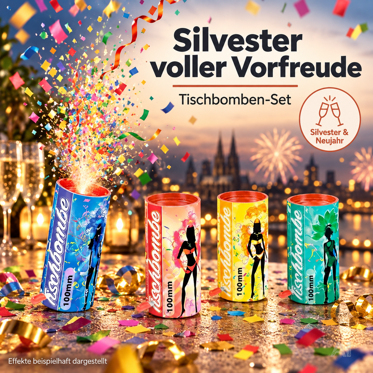 4er Tischbomben für Kinder & Jugendliche, Partypopper für Silvester und Feierlichkeiten