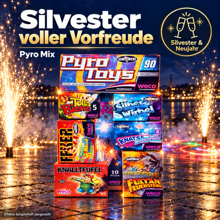 Neujahrs-Feuerwerk 2027 – vielseitiges Partyset mit Feuerwerksartikeln für stimmungsvolle Silvesterfeiern - Set mit 90 Teilen (Pyro Mix)