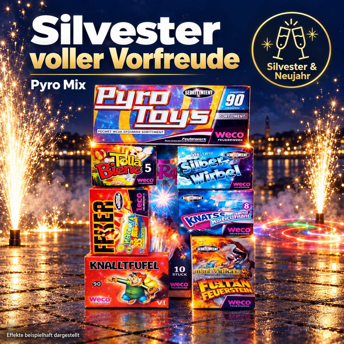 Neujahrs-Feuerwerk 2027 – vielseitiges Partyset mit Feuerwerksartikeln für stimmungsvolle Silvesterfeiern - Set mit 90 Teilen (Pyro Mix)