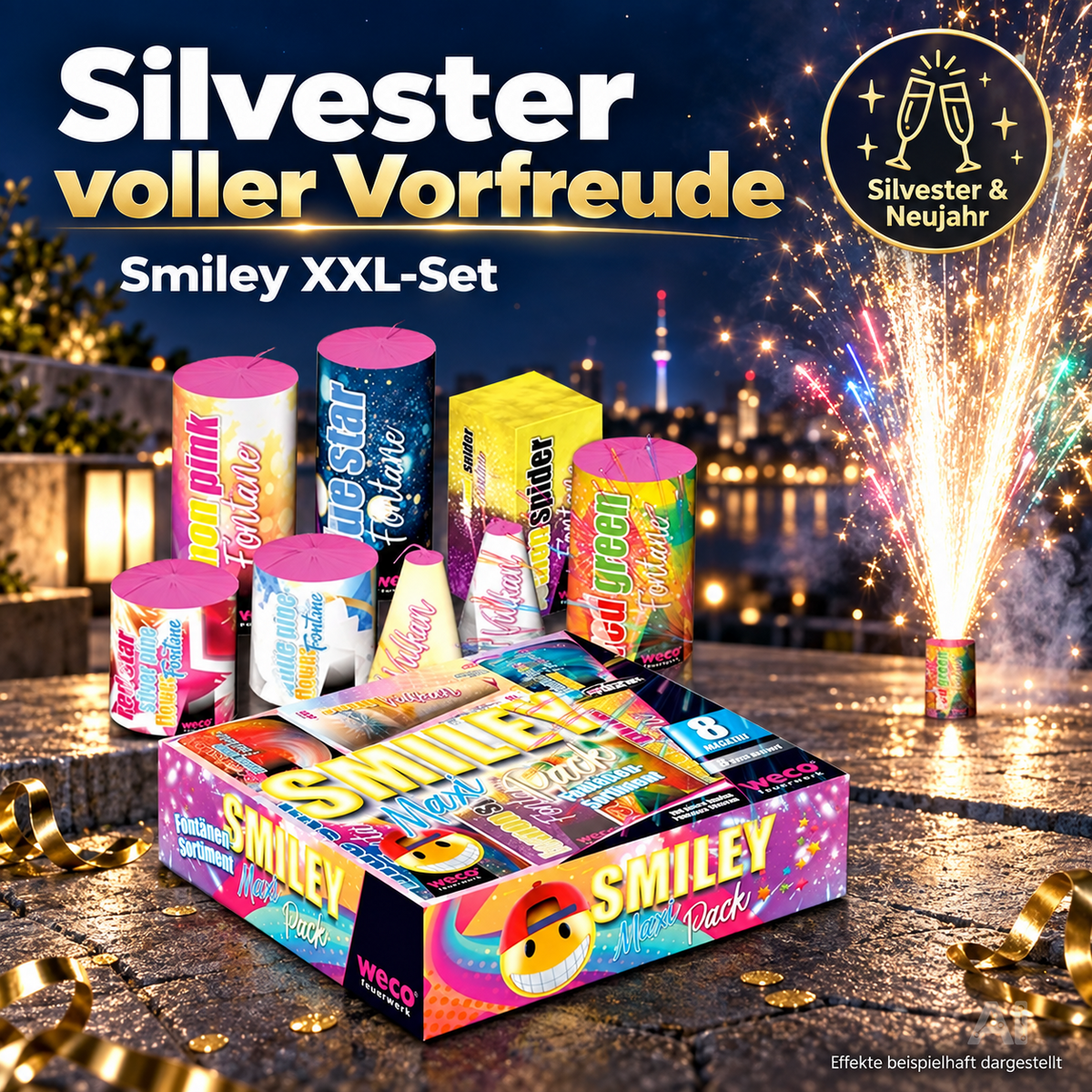 PYROHELD XXL Smiley Set 8-teilig – Super für Partys und Silvester, geeignet für Jugendliche und Kinder 2027 - Jugendfeuerwerk