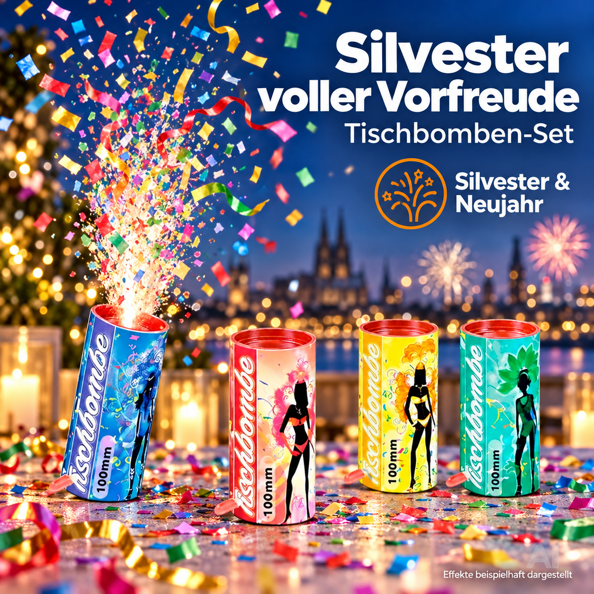 4er Tischbomben Party Set Partypopper für Silvester & Partys, Jugendfeuerwerk Kat. F1 für Kinder & Jugendliche 2027 - Jugendfeuerwerk