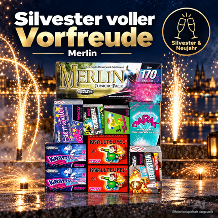 Neujahrs-Feuerwerk Set 2027 – sorgt für unvergessliche Silvesterfeiern mit Feuerwerksartikeln, Wunderkerzen und Knallerbsen (Merlin)