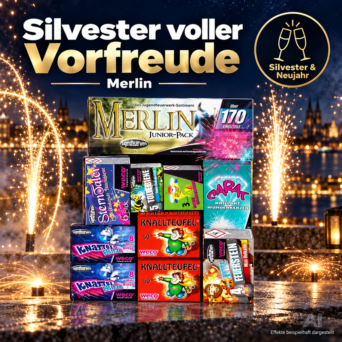 Neujahrs-Feuerwerk Set 2027 – sorgt für unvergessliche Silvesterfeiern mit Feuerwerksartikeln, Wunderkerzen und Knallerbsen (Merlin)