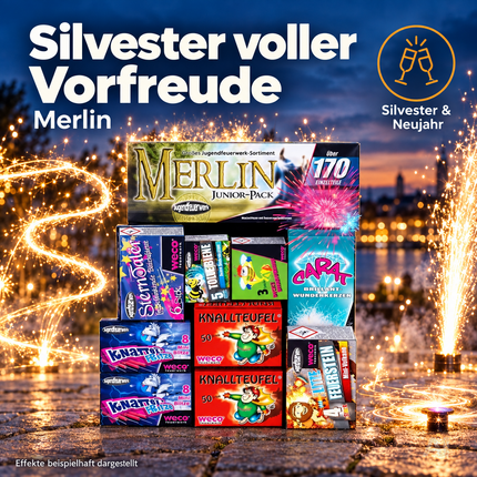 Silvester- und Feuerwerk-Set 2027 – inklusive Wunderkerzen, Knallerbsen und Partyartikeln - Set mit 170 Teilen (Merlin)