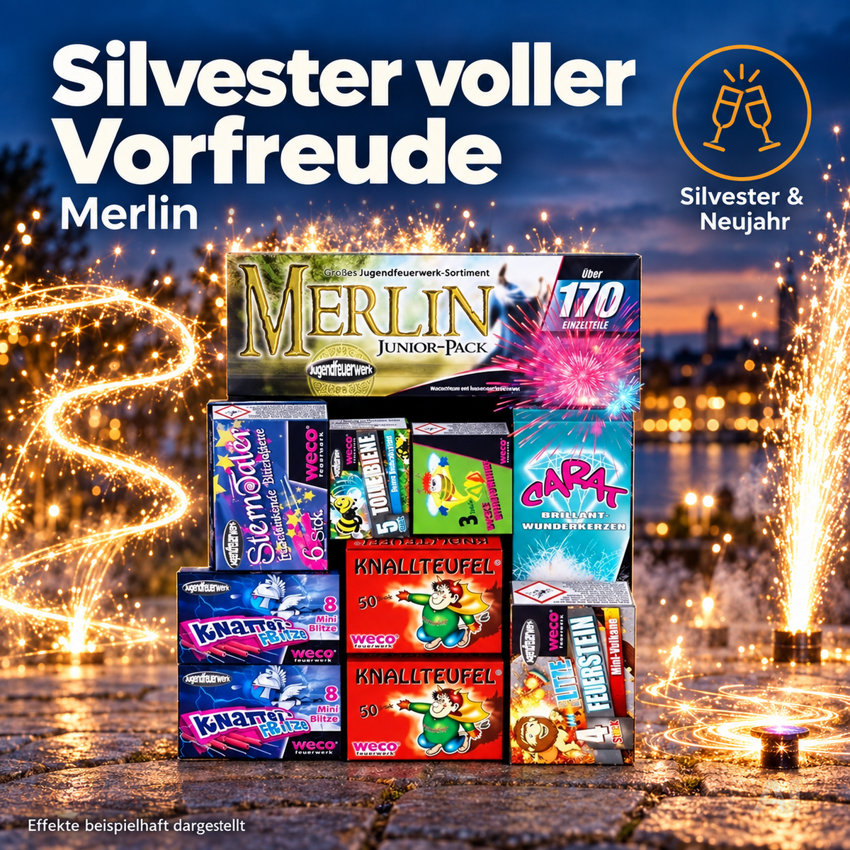 Silvester- und Feuerwerk-Set 2027 – inklusive Wunderkerzen, Knallerbsen und Partyartikeln - Set mit 170 Teilen (Merlin)