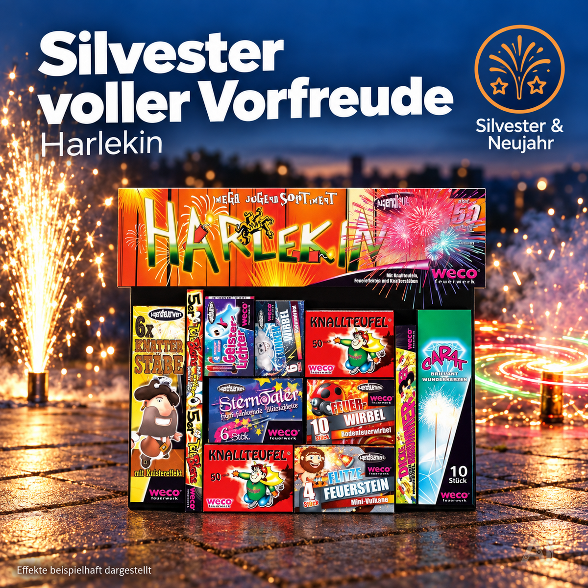 Silvester-Feuerwerk Set für Neujahrsfeiern – inkl. Wunderkerzen, Knallerbsen und Partyartikeln - Set mit 150 Teilen (Harlekin)