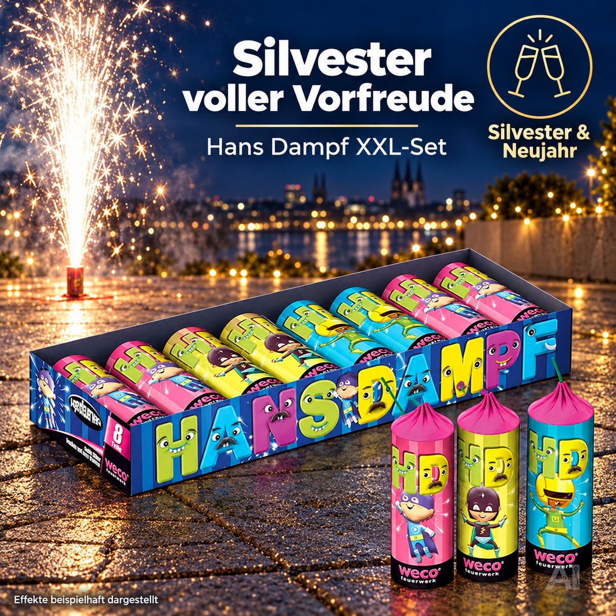 PYROHELD XXL Jugendspaß Set Hans Dampf - 8 Teilig Tischspaß für Partys & Silvester