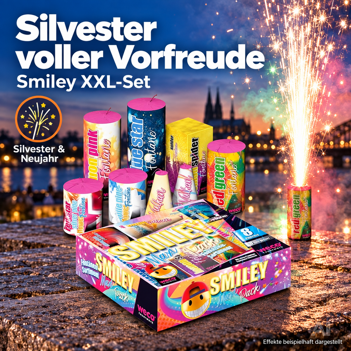 Hochwertiges Jugendfeuerwerk: Happy Sparks® Smiley Maxi Pack - 8-teiliges
