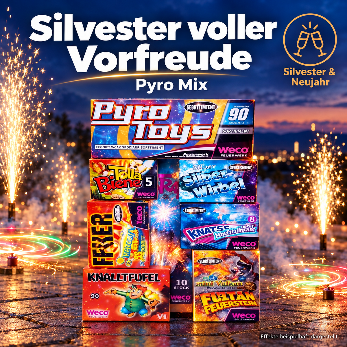 Silvester- und Feuerwerk-Set 2027 – für unvergessliche Neujahrsfeiern mit Wunderkerzen, Knallerbsen - Set mit 90 Teilen (Pyro Mix)