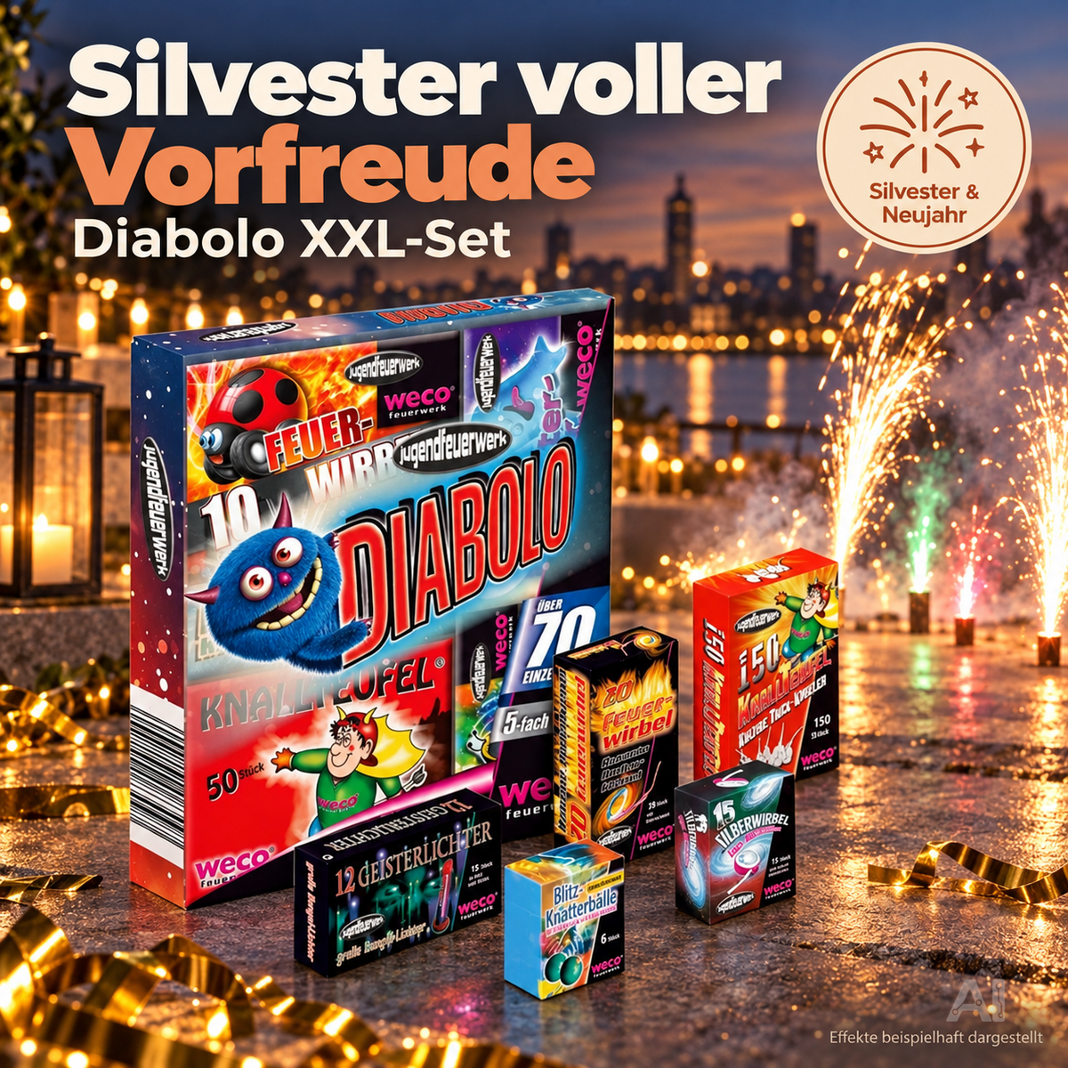 Diabolo XXL Set 70 Teile – Jugendspaß und Tischartikel Kat. F1 für Partys, Silvester und Jugendliche & Kinder 2027 - Jugendfeuerwerk