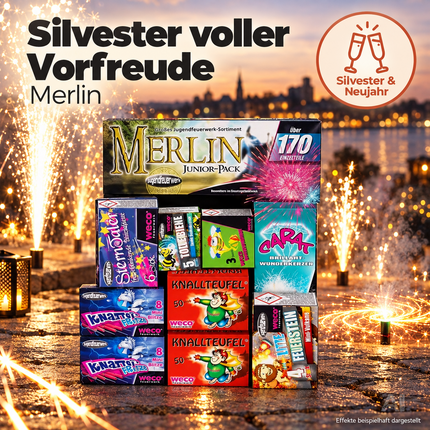 Silvester-Feuerwerk 2027 – vielseitiges Set für Neujahrsfeiern mit Wunderkerzen, Knallerbsen und festlicher Stimmung (Merlin)