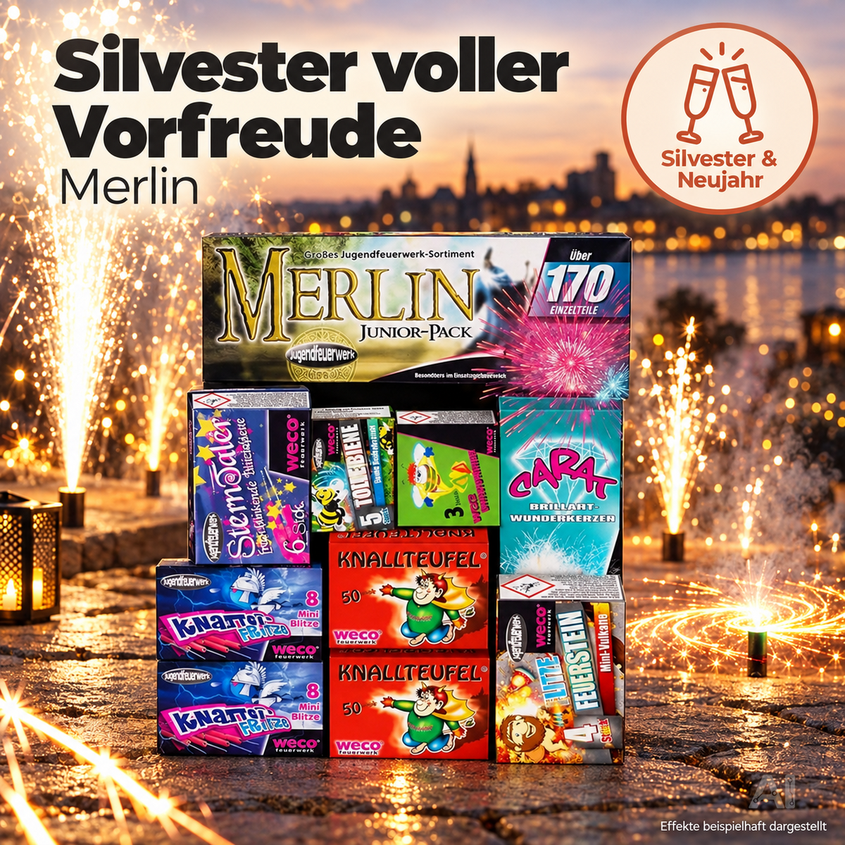 Silvester-Feuerwerk 2027 – vielseitiges Set für Neujahrsfeiern mit Wunderkerzen, Knallerbsen und festlicher Stimmung (Merlin)