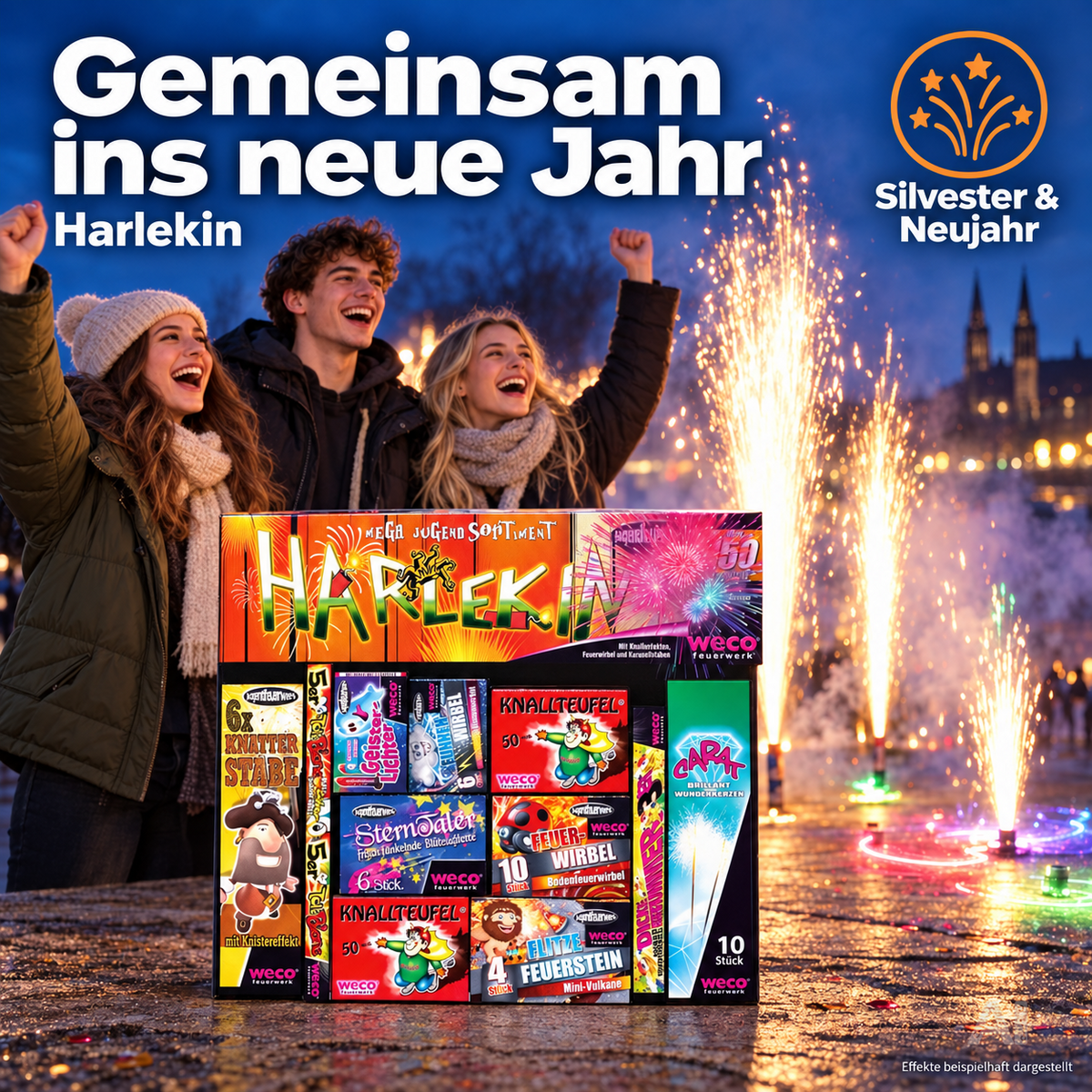 Silvester-Feuerwerk Set für Neujahrsfeiern – inkl. Wunderkerzen, Knallerbsen und Partyartikeln - Set mit 150 Teilen (Harlekin)