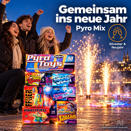 Silvester- und Feuerwerk-Set 2027 – für unvergessliche Neujahrsfeiern mit Wunderkerzen, Knallerbsen - Set mit 90 Teilen (Pyro Mix)