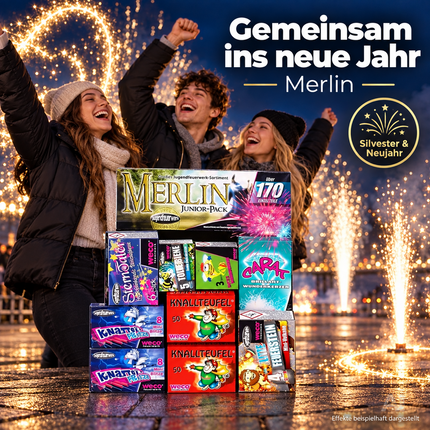 Neujahrs-Feuerwerk Set 2027 – sorgt für unvergessliche Silvesterfeiern mit Feuerwerksartikeln, Wunderkerzen und Knallerbsen (Merlin)