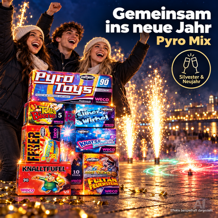 Neujahrs-Feuerwerk 2027 – vielseitiges Partyset mit Feuerwerksartikeln für stimmungsvolle Silvesterfeiern - Set mit 90 Teilen (Pyro Mix)