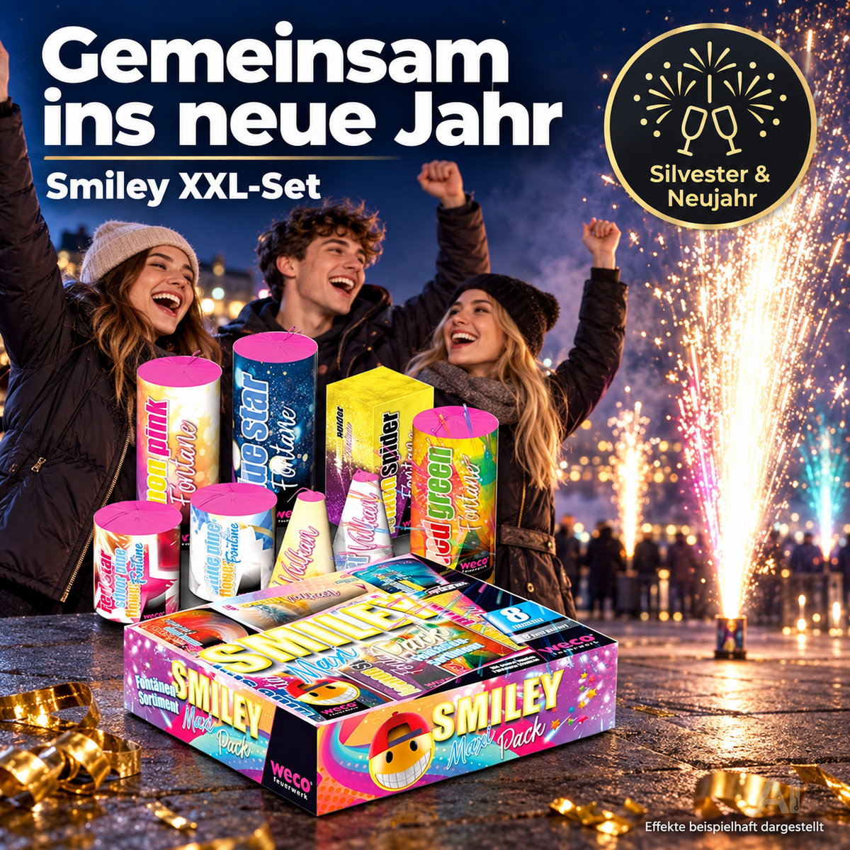 PYROHELD XXL Smiley Set 8-teilig – Super für Partys und Silvester, geeignet für Jugendliche und Kinder 2027 - Jugendfeuerwerk