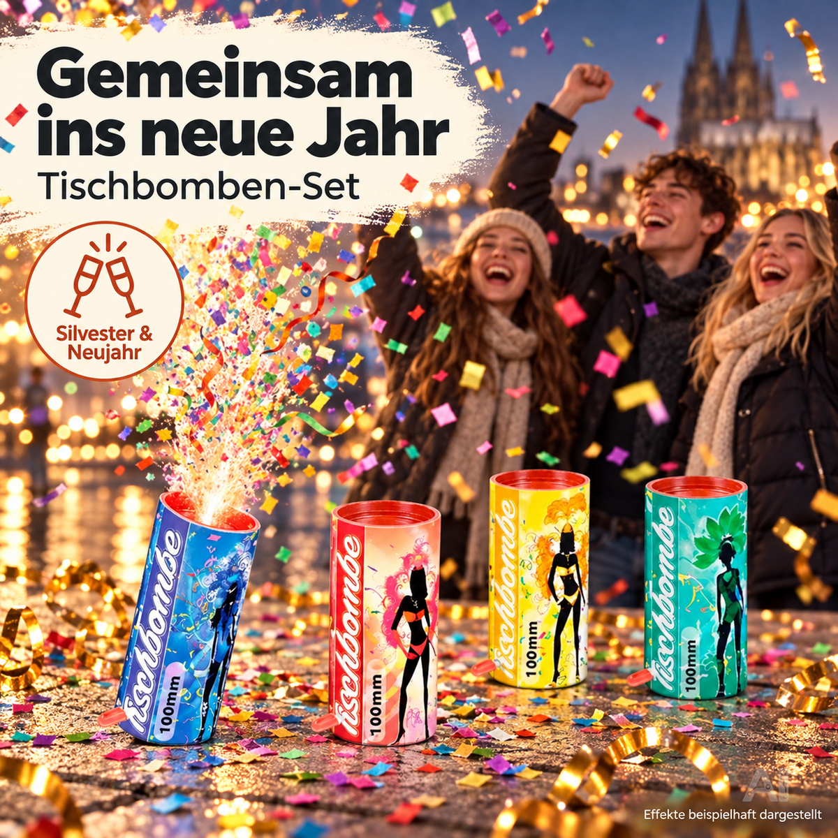 4er Tischbomben für Kinder & Jugendliche, Partypopper für Silvester und Feierlichkeiten