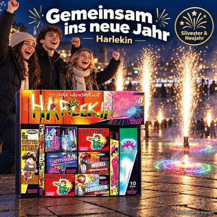 Silvester-Set für unvergessliche Neujahrsfeiern – mit Feuerwerksartikeln, Wunderkerzen und Knallerbsen - Set mit 150 Teilen (Harlekin)