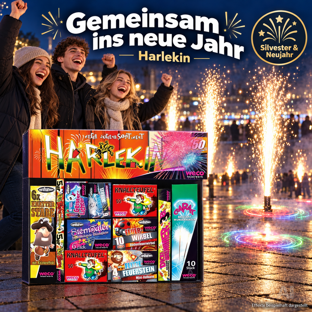 Silvester-Set für unvergessliche Neujahrsfeiern – mit Feuerwerksartikeln, Wunderkerzen und Knallerbsen - Set mit 150 Teilen (Harlekin)