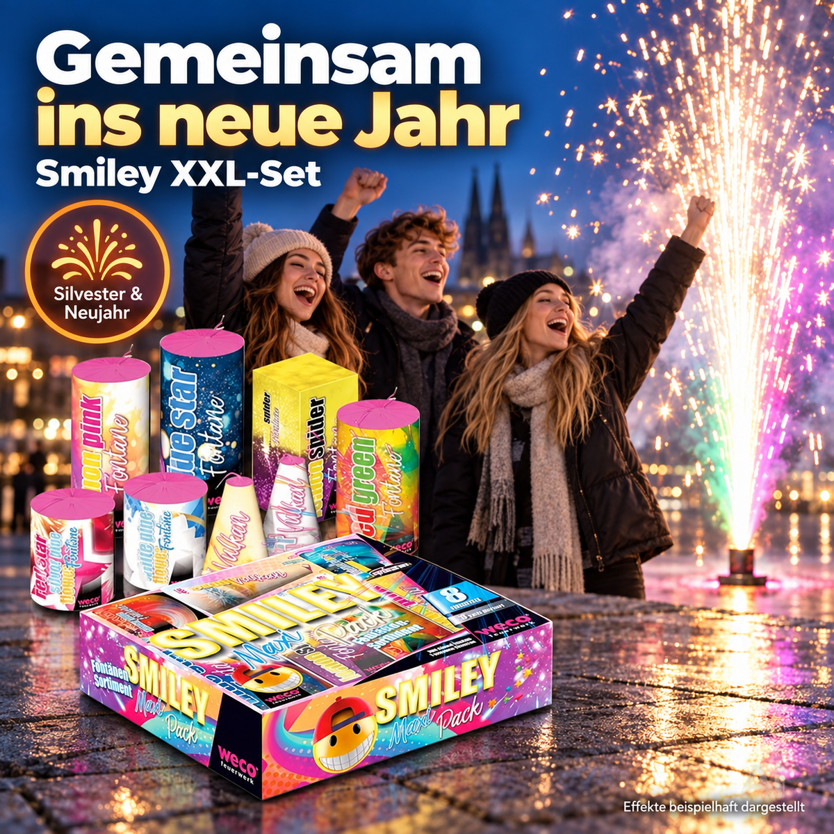 Hochwertiges Jugendfeuerwerk: Happy Sparks® Smiley Maxi Pack - 8-teiliges