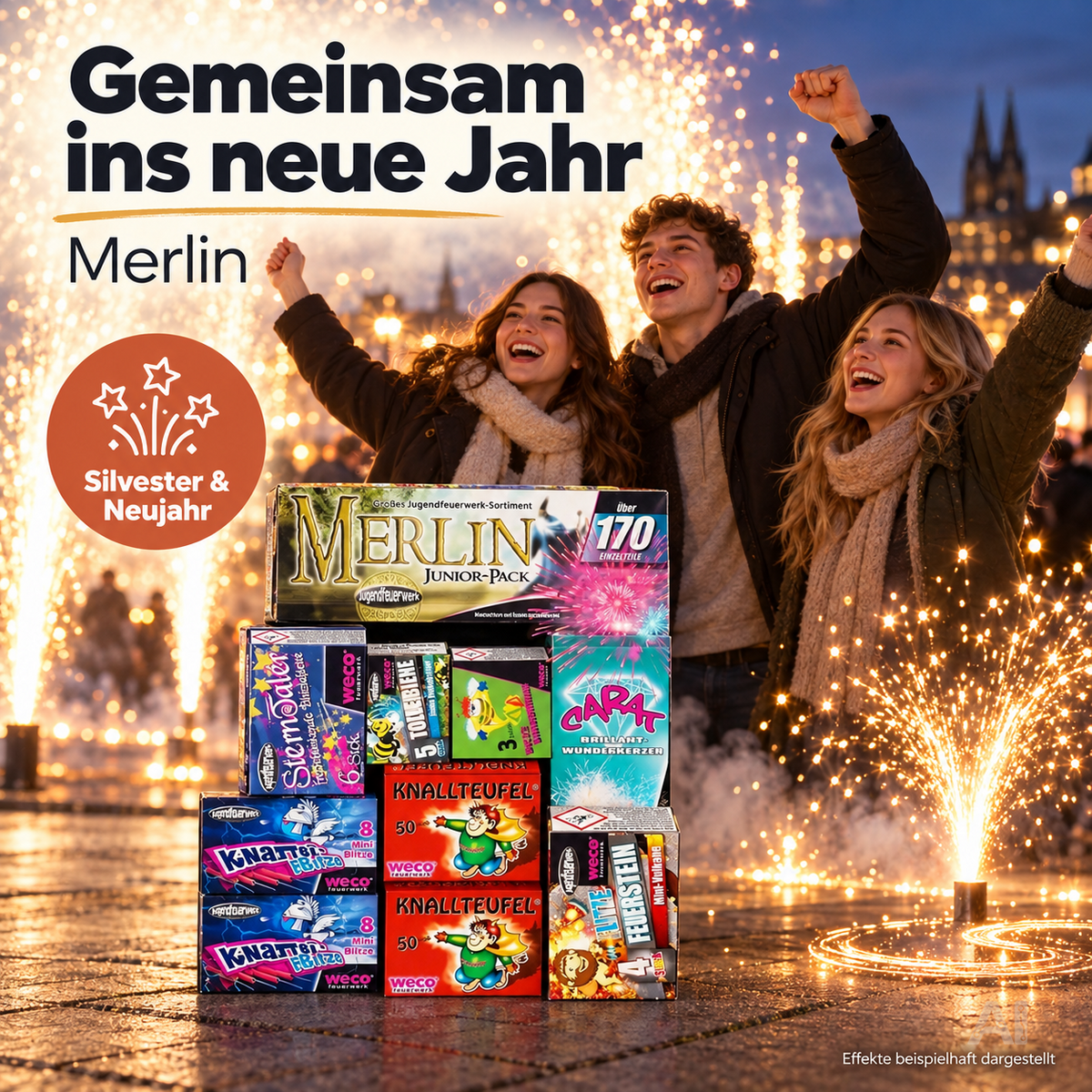 Silvester-Feuerwerk 2027 – vielseitiges Set für Neujahrsfeiern mit Wunderkerzen, Knallerbsen und festlicher Stimmung (Merlin)