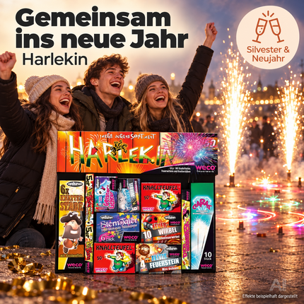 Neujahrs-Partyset mit Feuerwerks-Highlights – ideal für Silvester, Festlichkeiten und stimmungsvolle Feiern - Set mit 150 Teilen (Harlekin)