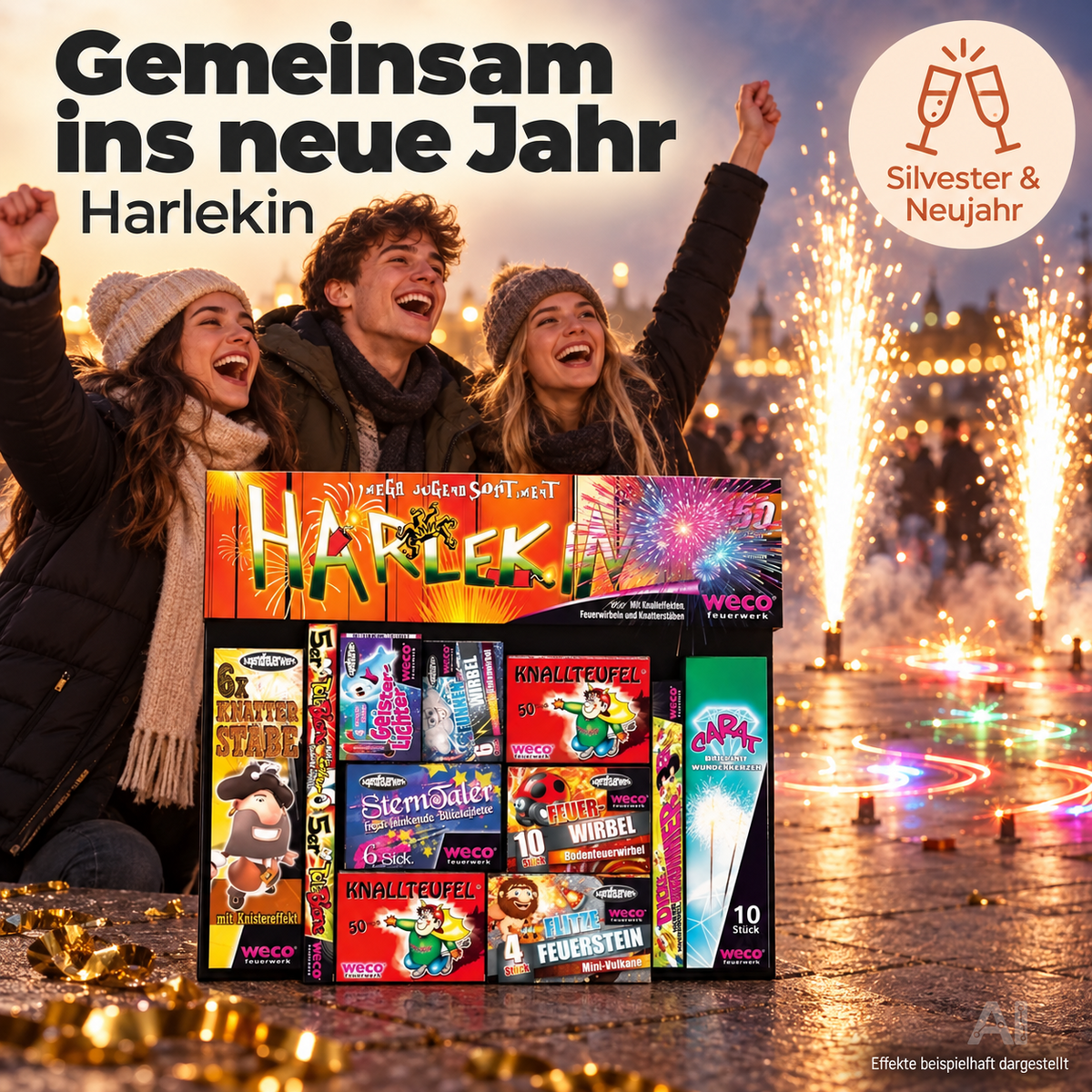 Neujahrs-Partyset mit Feuerwerks-Highlights – ideal für Silvester, Festlichkeiten und stimmungsvolle Feiern - Set mit 150 Teilen (Harlekin)