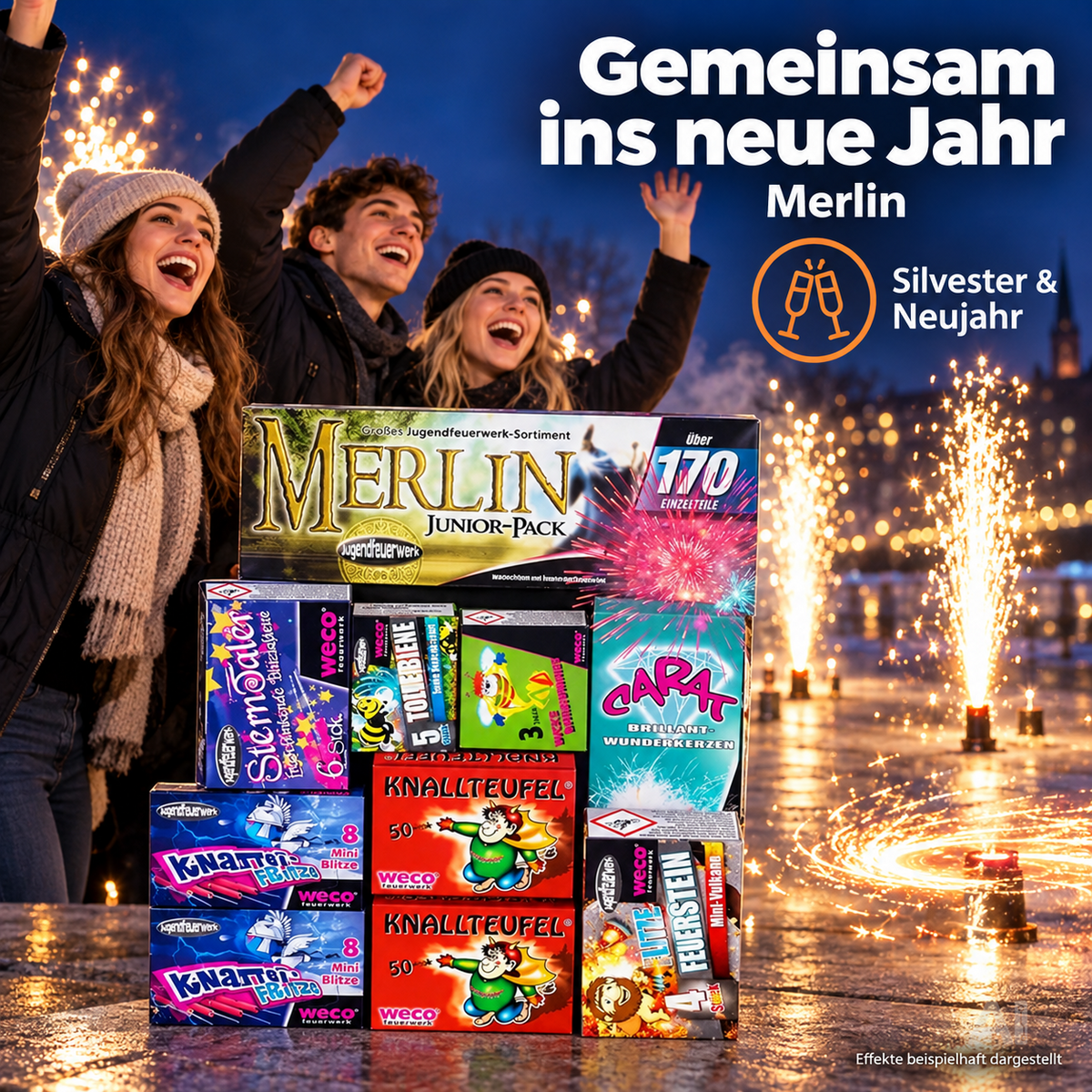 Silvester- und Feuerwerk-Set 2027 – inklusive Wunderkerzen, Knallerbsen und Partyartikeln - Set mit 170 Teilen (Merlin)
