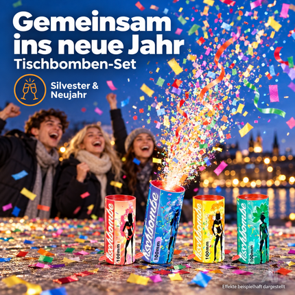 4er Tischbomben Party Set Partypopper für Silvester & Partys, Jugendfeuerwerk Kat. F1 für Kinder & Jugendliche 2027 - Jugendfeuerwerk