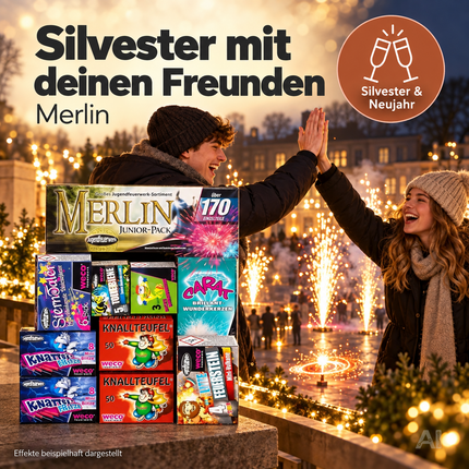 Silvester-Feuerwerk 2027 – vielseitiges Set für Neujahrsfeiern mit Wunderkerzen, Knallerbsen und festlicher Stimmung (Merlin)
