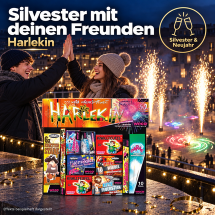 Silvester-Set für unvergessliche Neujahrsfeiern – mit Feuerwerksartikeln, Wunderkerzen und Knallerbsen - Set mit 150 Teilen (Harlekin)