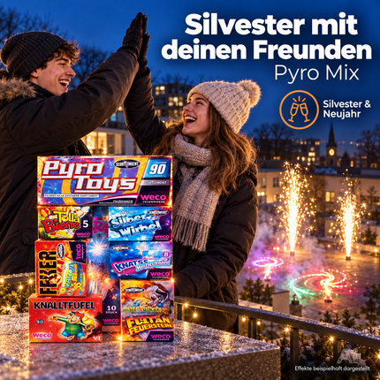 Silvester- und Feuerwerk-Set 2027 – für unvergessliche Neujahrsfeiern mit Wunderkerzen, Knallerbsen - Set mit 90 Teilen (Pyro Mix)
