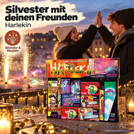 Neujahrs-Partyset mit Feuerwerks-Highlights – ideal für Silvester, Festlichkeiten und stimmungsvolle Feiern - Set mit 150 Teilen (Harlekin)