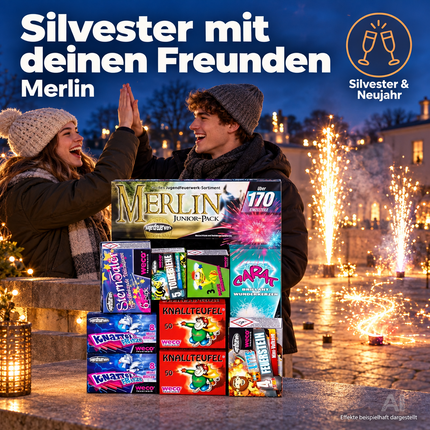 Silvester- und Feuerwerk-Set 2027 – inklusive Wunderkerzen, Knallerbsen und Partyartikeln - Set mit 170 Teilen (Merlin)