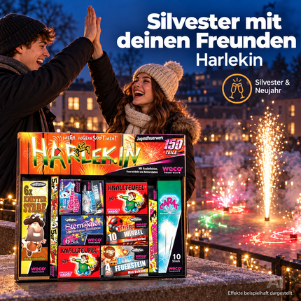 Silvester-Feuerwerk Set für Neujahrsfeiern – inkl. Wunderkerzen, Knallerbsen und Partyartikeln - Set mit 150 Teilen (Harlekin)