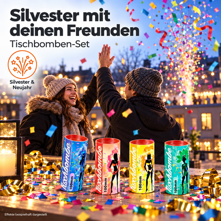 4er Tischbomben Party Set Partypopper für Silvester & Partys, Jugendfeuerwerk Kat. F1 für Kinder & Jugendliche 2027 - Jugendfeuerwerk