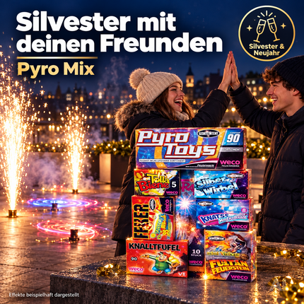 Neujahrs-Feuerwerk 2027 – vielseitiges Partyset mit Feuerwerksartikeln für stimmungsvolle Silvesterfeiern - Set mit 90 Teilen (Pyro Mix)